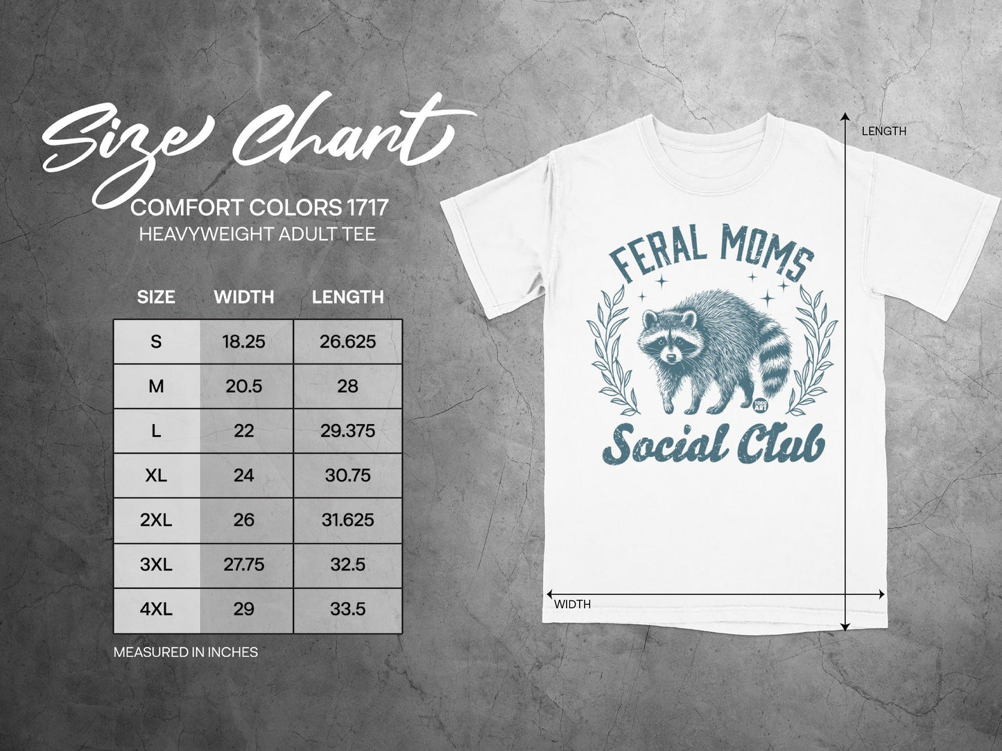 Size chart for Comfort Colors 1717 heavyweight adult tee with raccoon graphic.