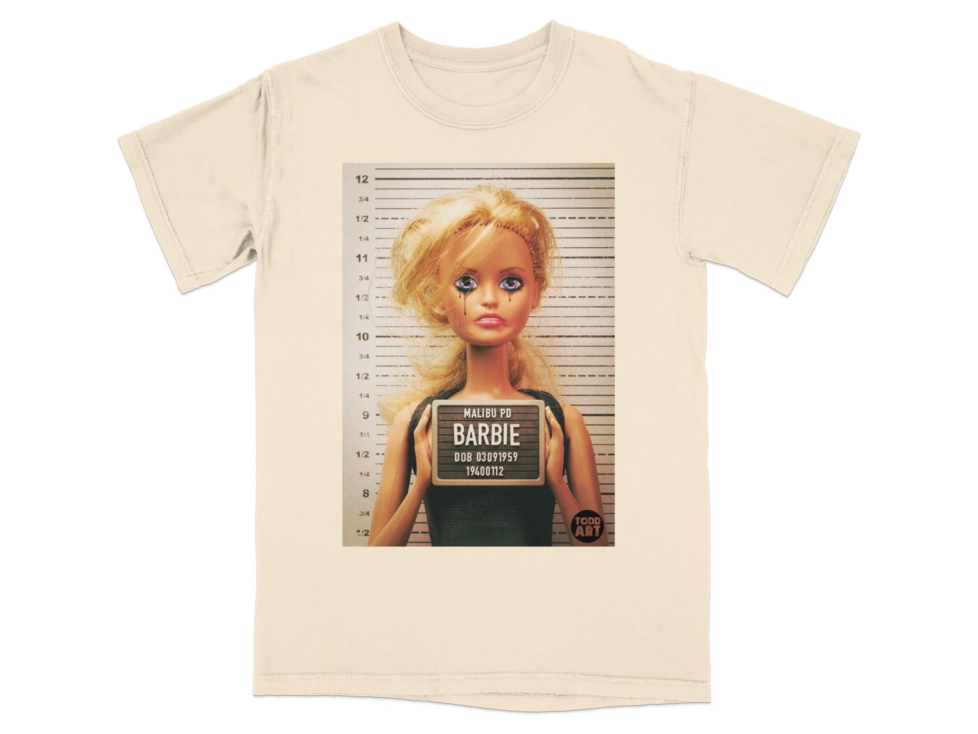 Barbie mugshot with "MALIBU PD BARBIE" text and DOB.
