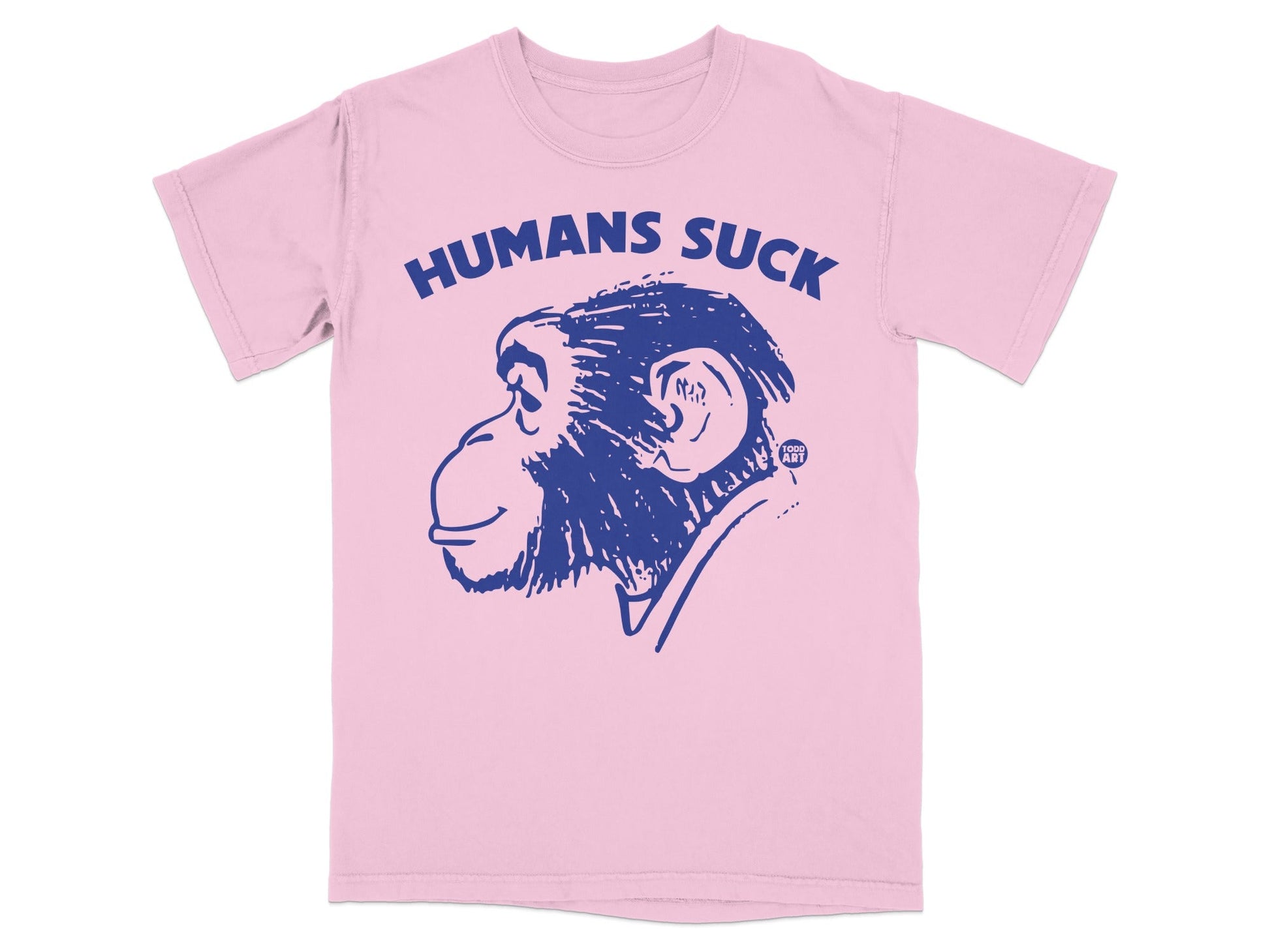 Pink t-shirt with blue monkey graphic and "HUMANS SUCK" text.