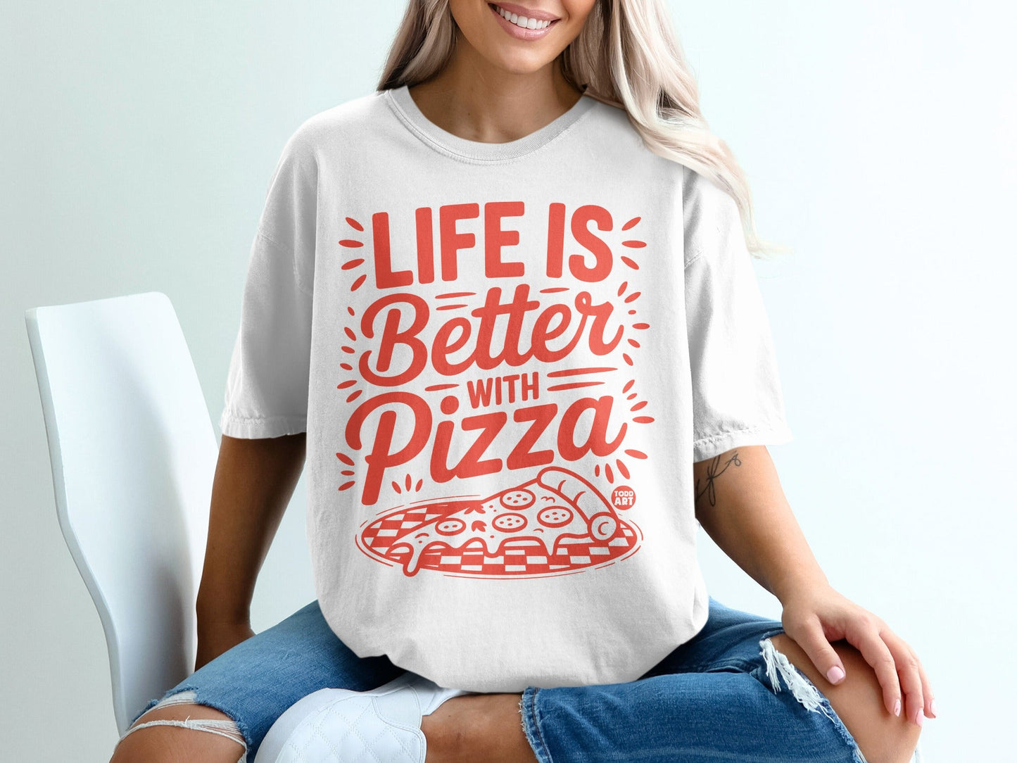T-shirt with red "Life is Better with Pizza" text and graphic.