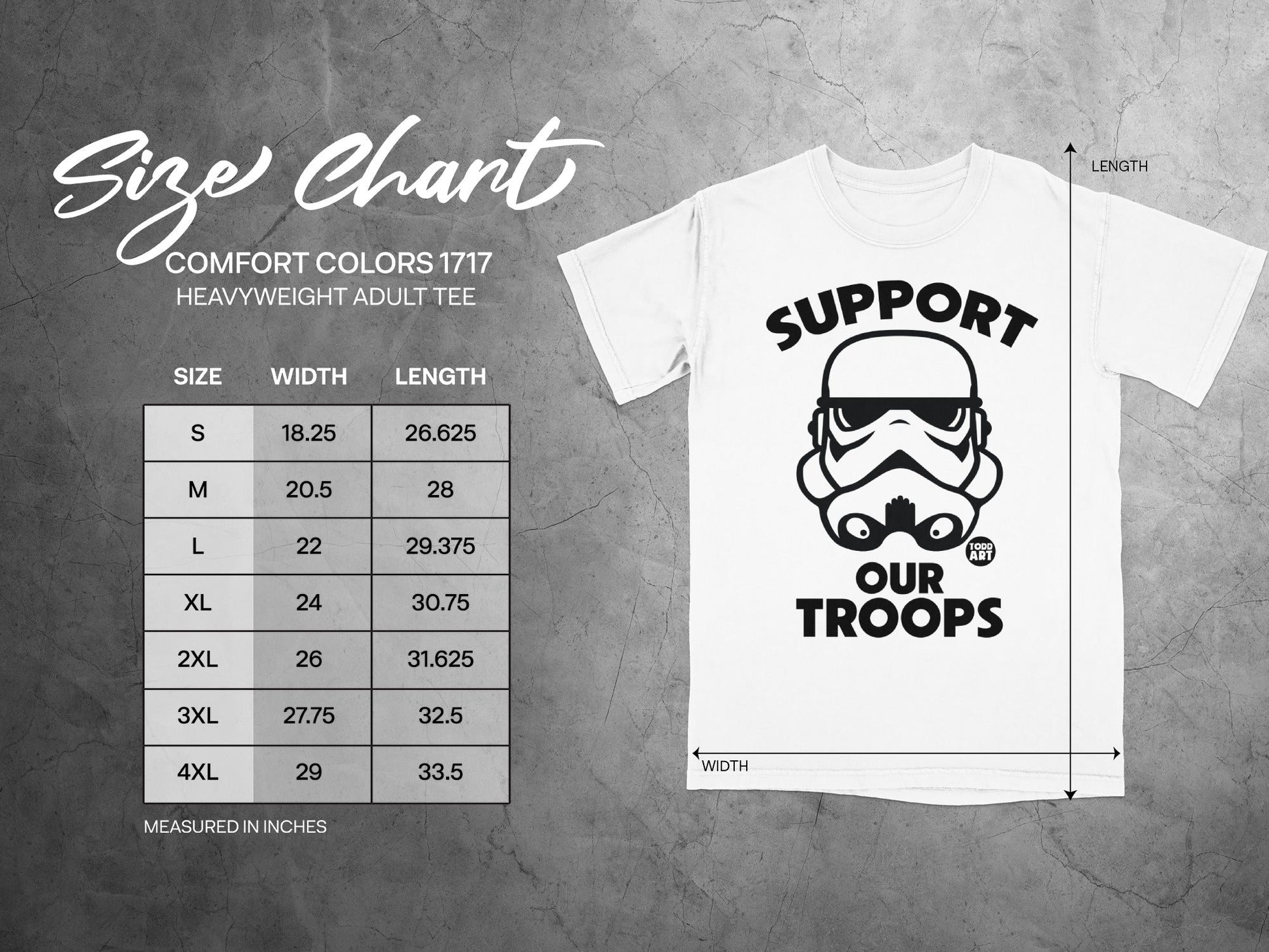 Size chart for Comfort Colors 1717 heavyweight adult tee, with width and length measurements.