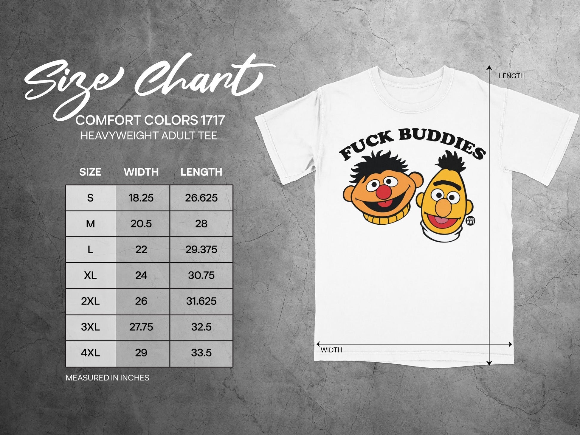 Size chart for Comfort Colors 1717 heavy weight adult tee with BERT and ERNIE.