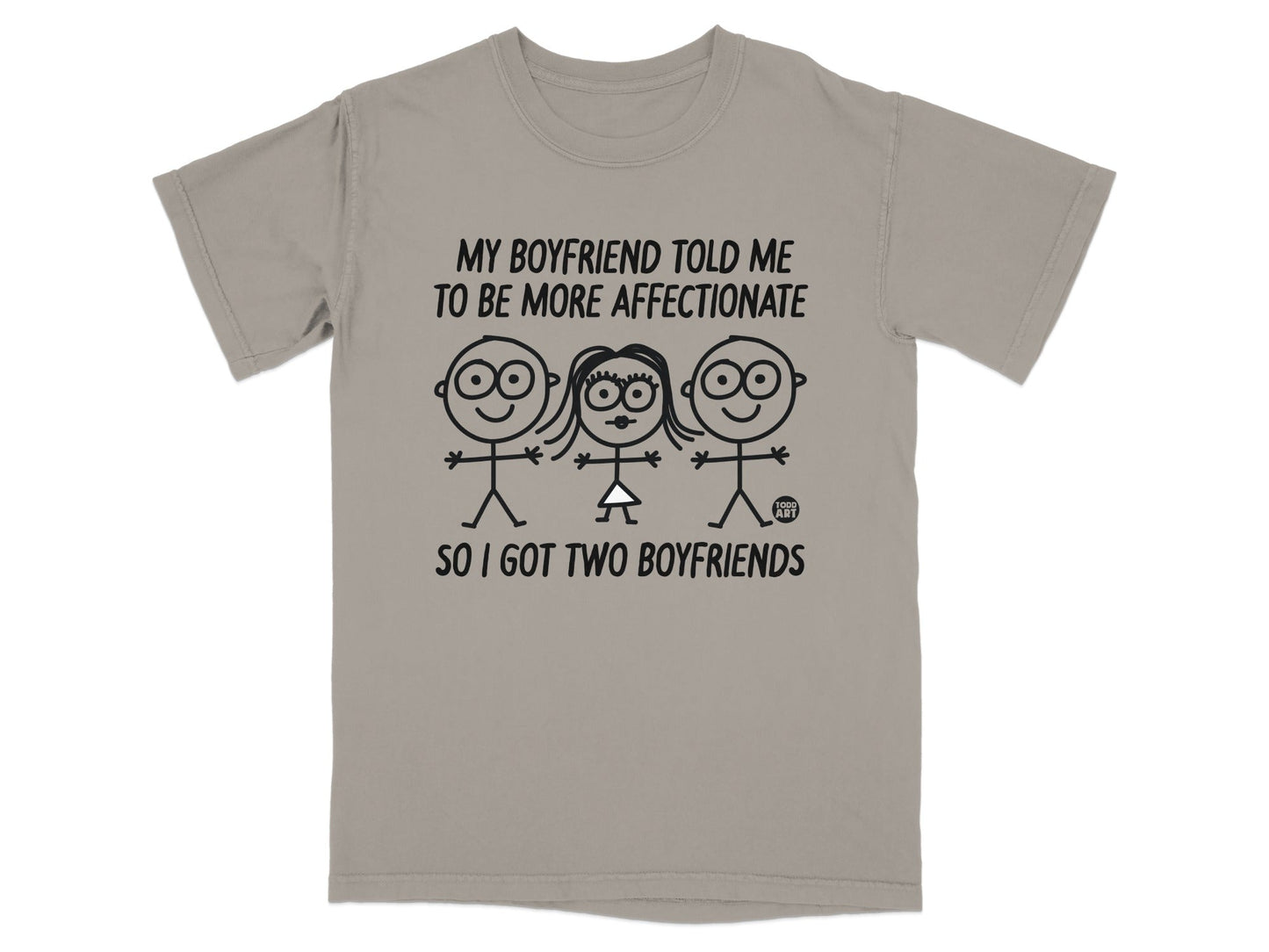 T-shirt with stick figures and text about affection and boyfriends.