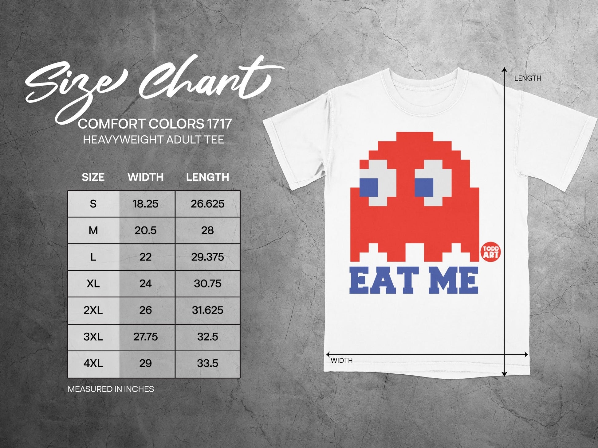Size chart for Comfort Colors 1717 heavyweight adult tee with "EAT ME" graphic.