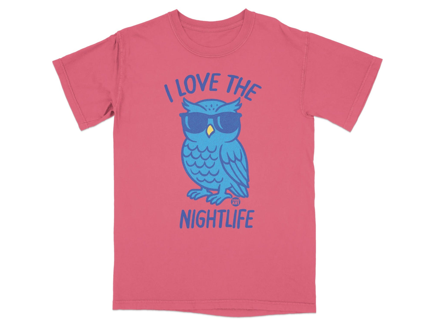 Pink t-shirt with a blue owl wearing sunglasses, reading "I LOVE THE NIGHTLIFE".