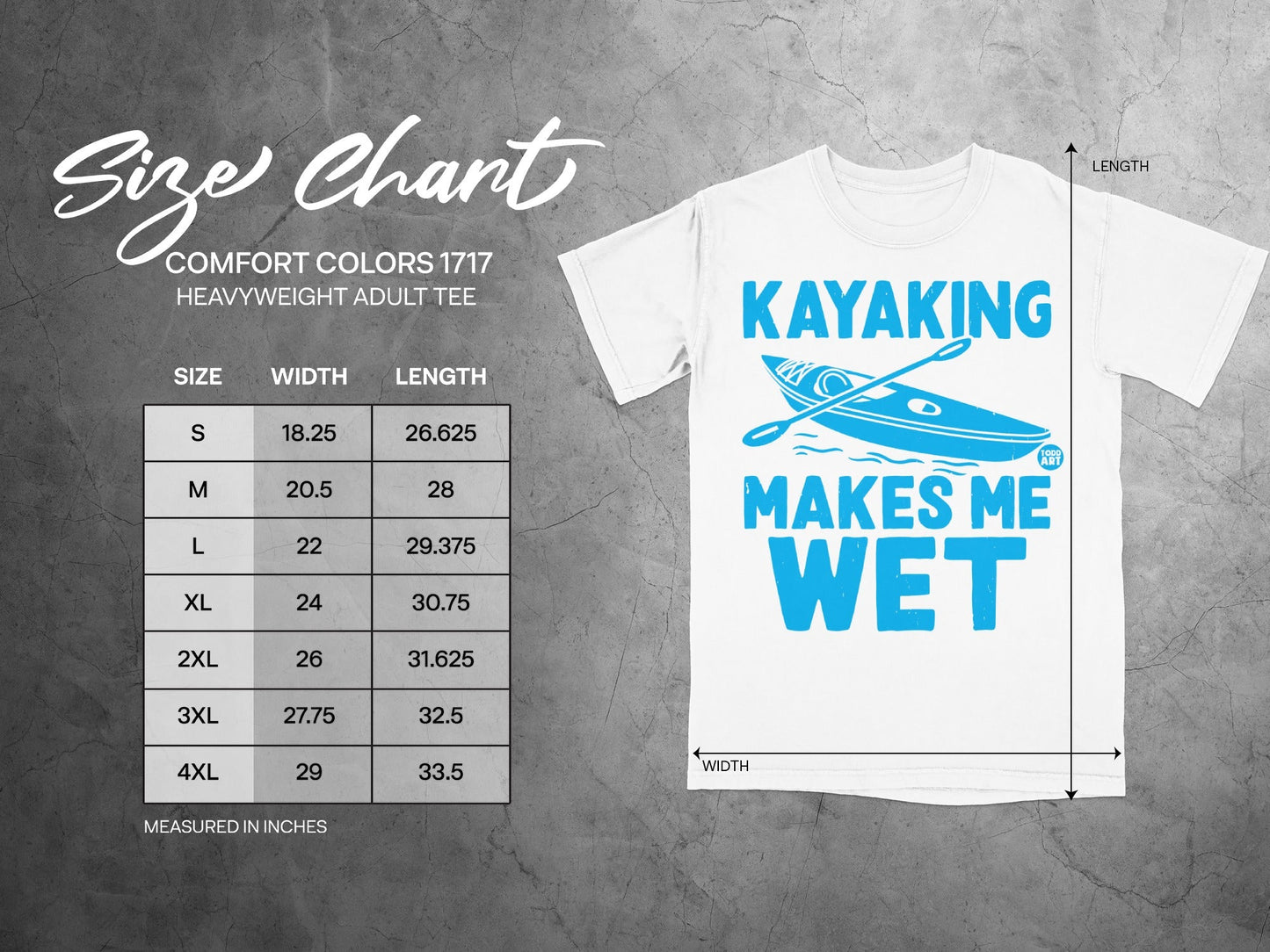 Kayak graphic tee with "Kayaking Makes Me Wet" text and size chart.