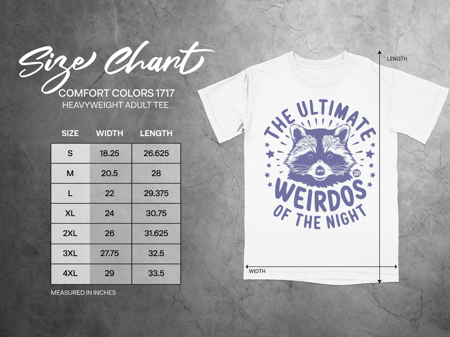 Size chart for a Comfort Colors 1717 heavyweight adult tee with raccoon graphic.
