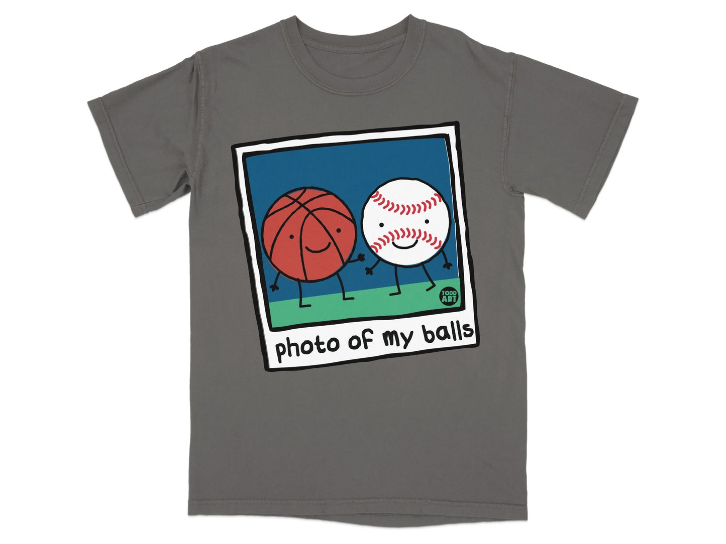 Two cartoon balls, basketball and baseball, hug in a photo frame.