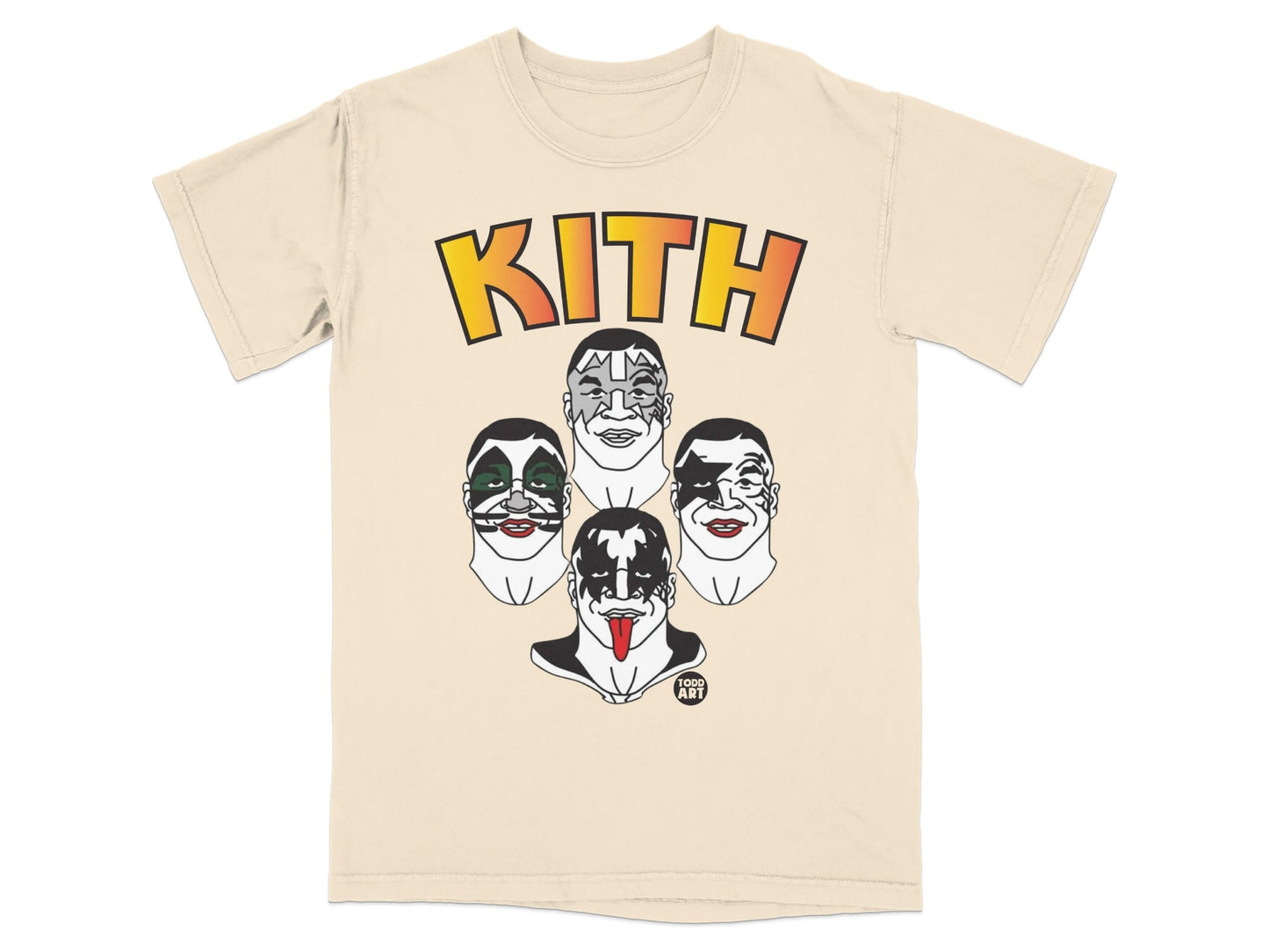 Kith shirt featuring four KISS band members' iconic makeup faces.