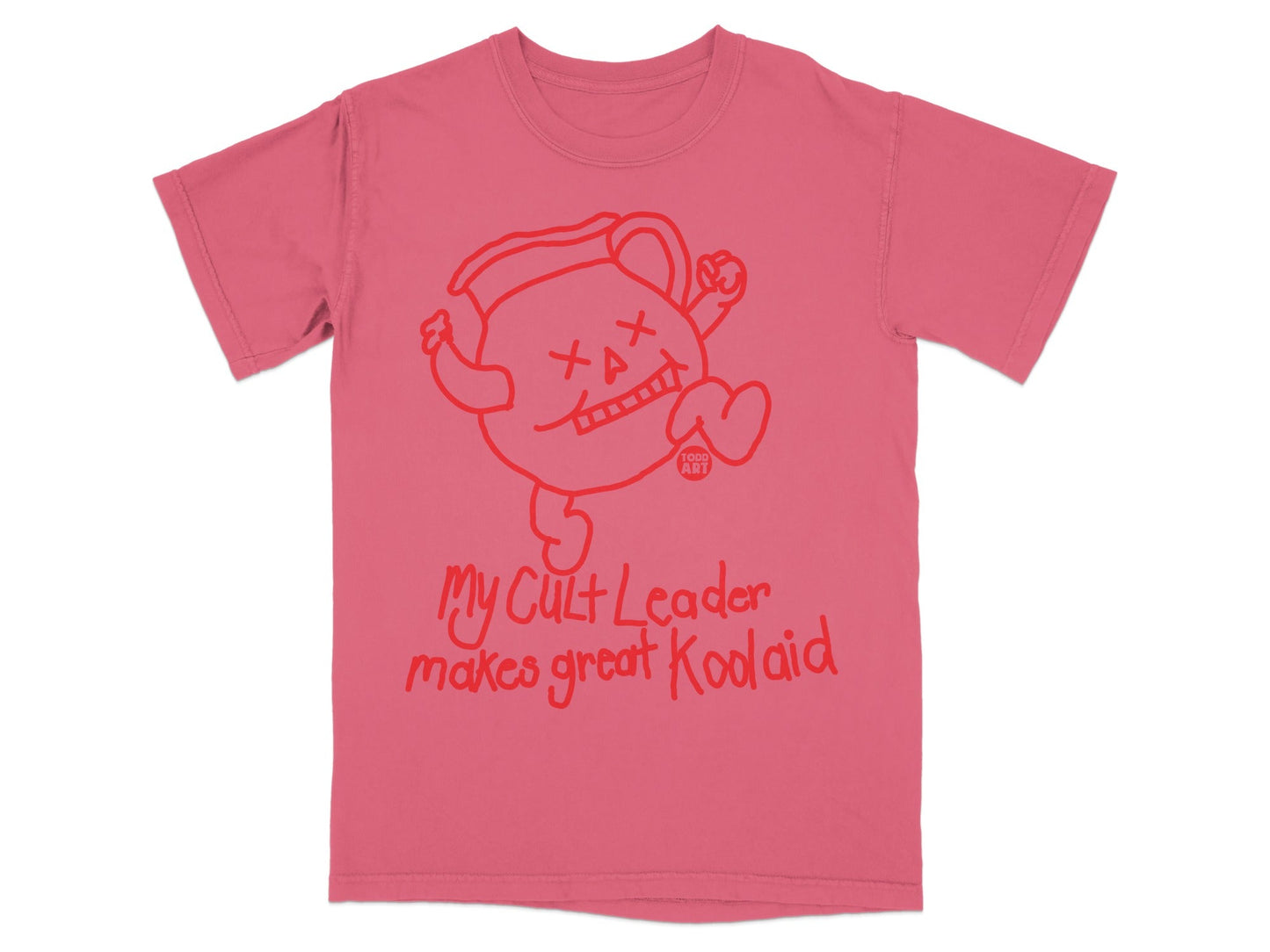 Coral t-shirt with Kool-Aid Man graphic and "My Cult Leader makes great Kool-Aid" text.