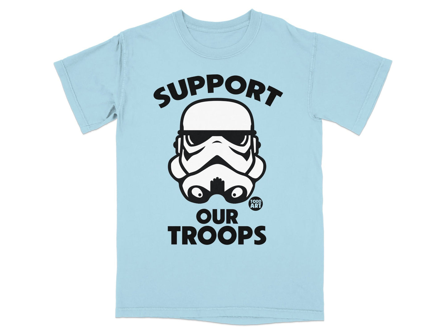 Light blue t-shirt with "SUPPORT OUR TROOPS" and Stormtrooper helmet graphic.