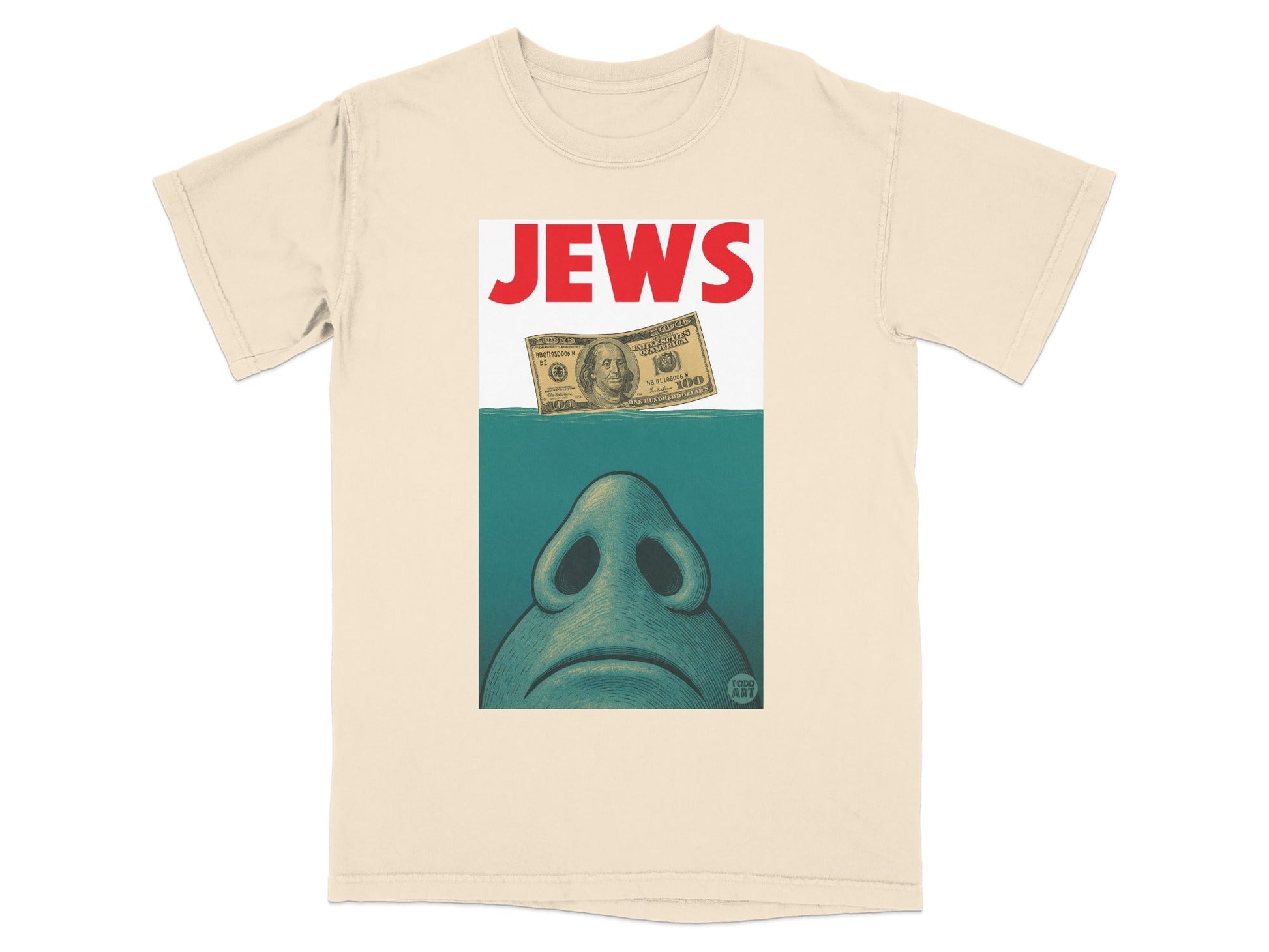 Beige t-shirt with illustration of a face and a $100 bill above water.