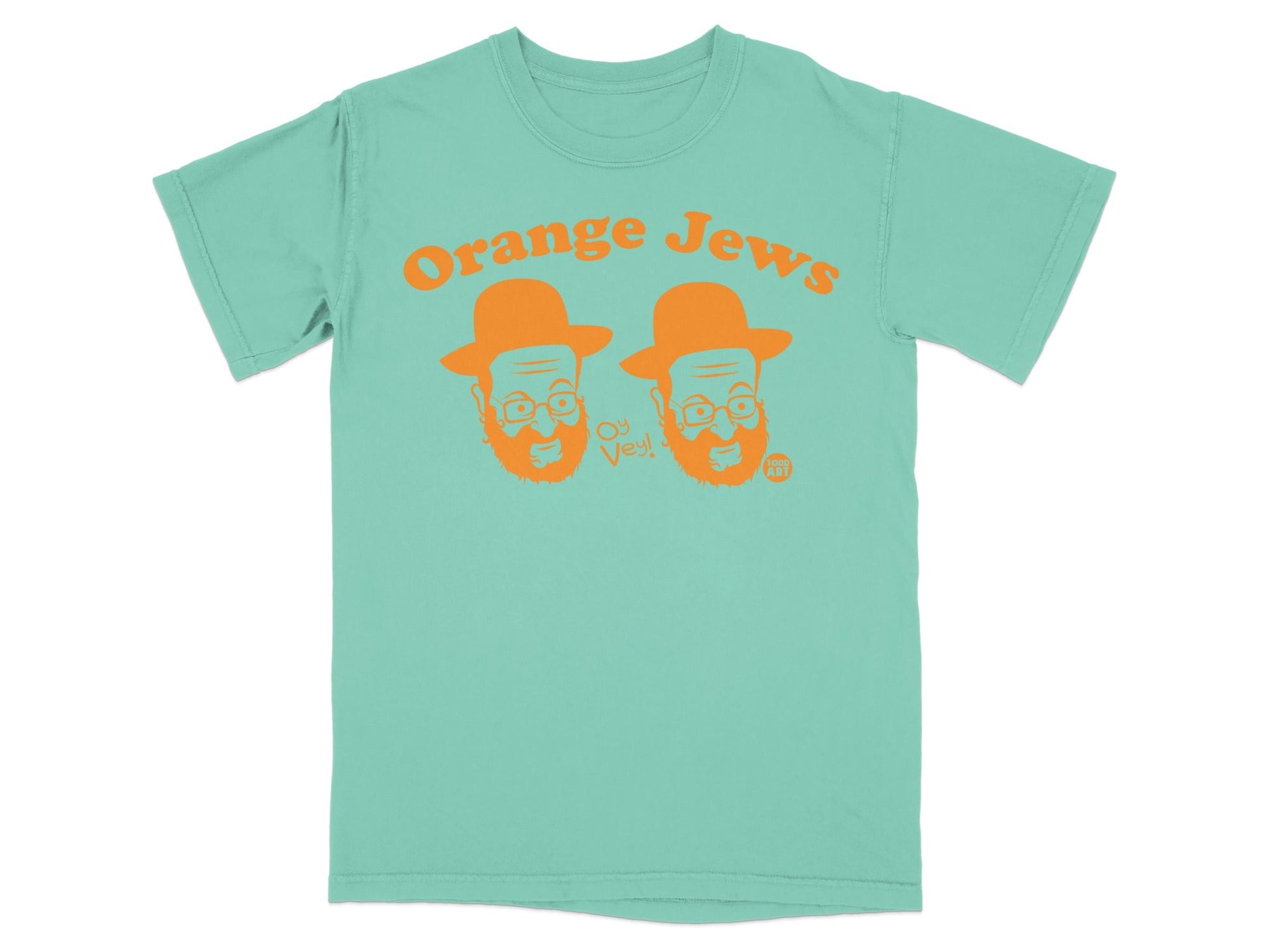 T-shirt with "Orange Jews Oy Vey!" text and caricatures of two bearded men.