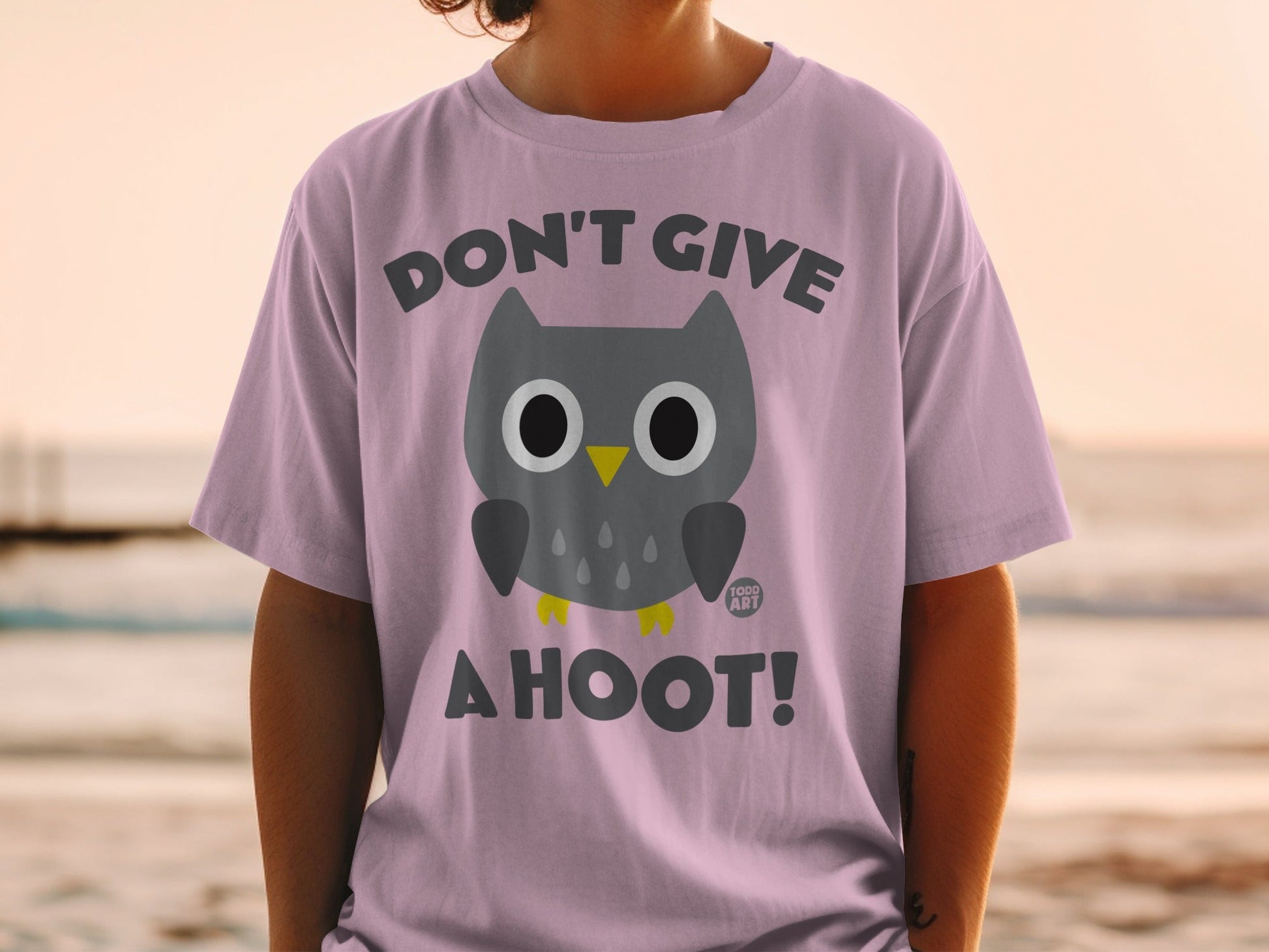 T-shirt with a grey owl graphic and the text "DON'T GIVE A HOOT!".