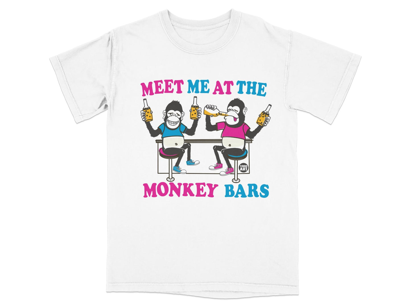Two cartoon monkeys sitting at a bar, drinking from bottles, with text "MEET ME AT THE MONKEY BARS".