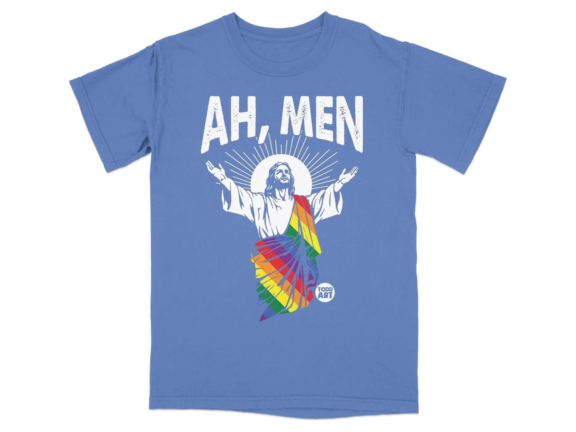 Blue t-shirt with Jesus figure in rainbow stole, text "AH, MEN" and "TODD ART".