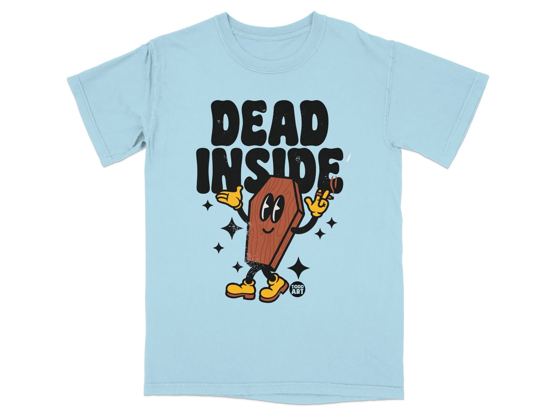 Light blue t-shirt featuring a cartoon coffin character with text "DEAD INSIDE".