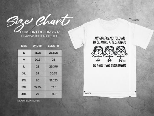 Size chart for Comfort Colors 1717 heavyweight adult tee with cartoon text.