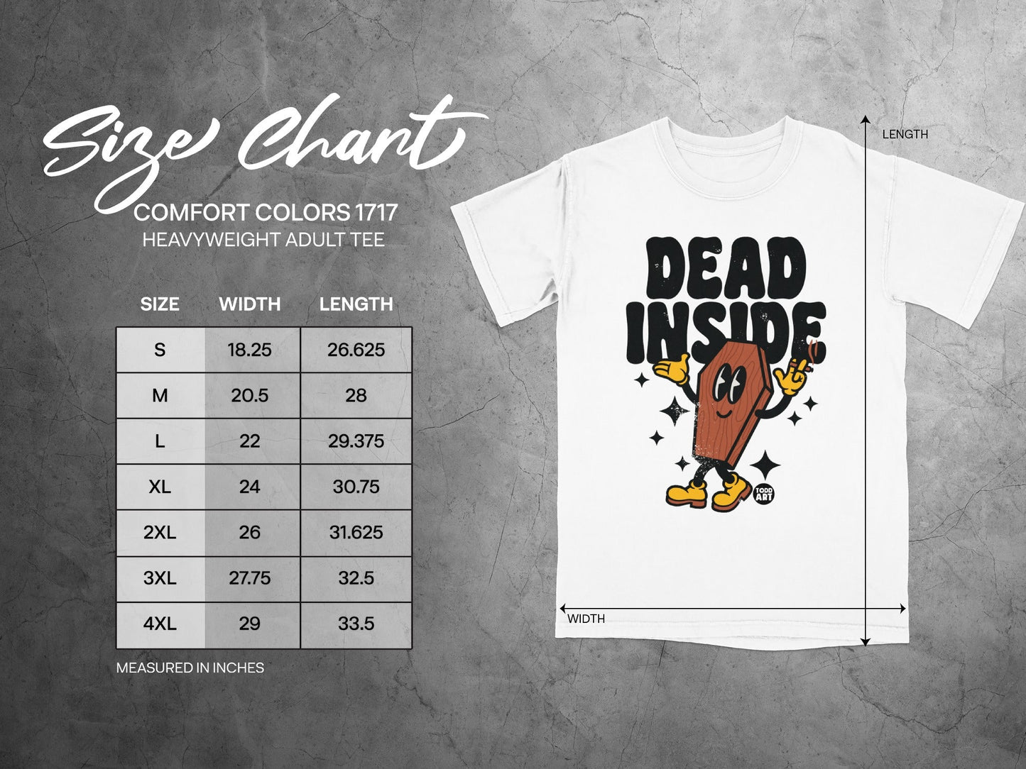 Size chart for Comfort Colors 1717 heavyweight adult tee with coffin graphic.