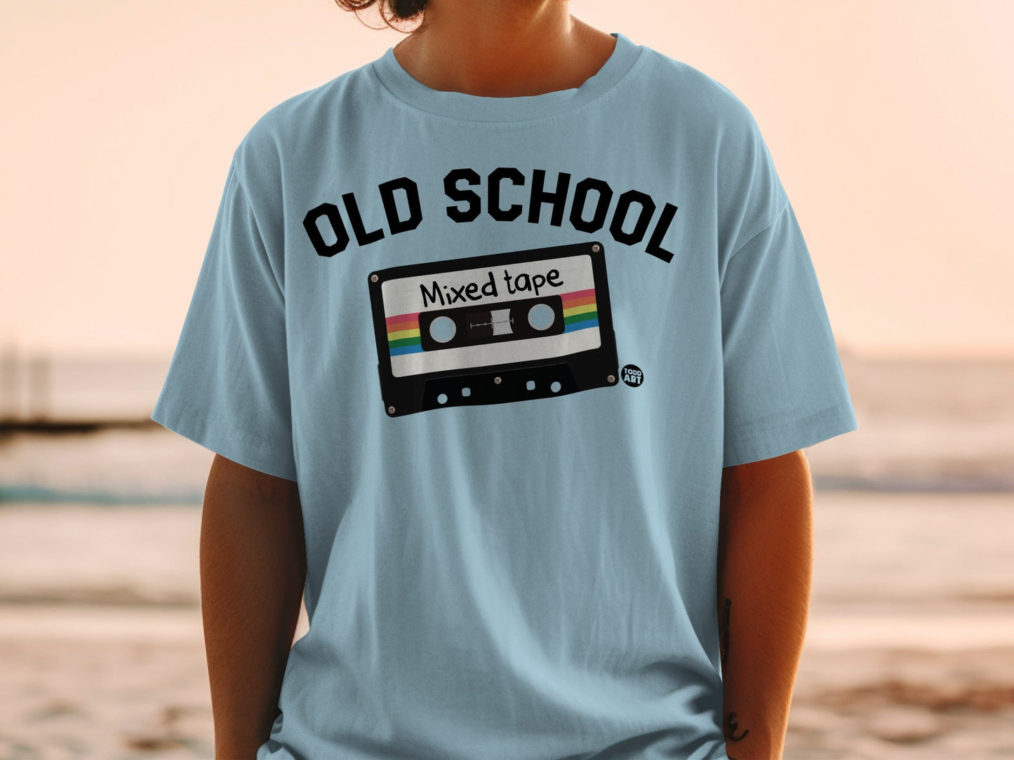 Light blue t-shirt with "Old School Mixed tape" graphic featuring a cassette tape.