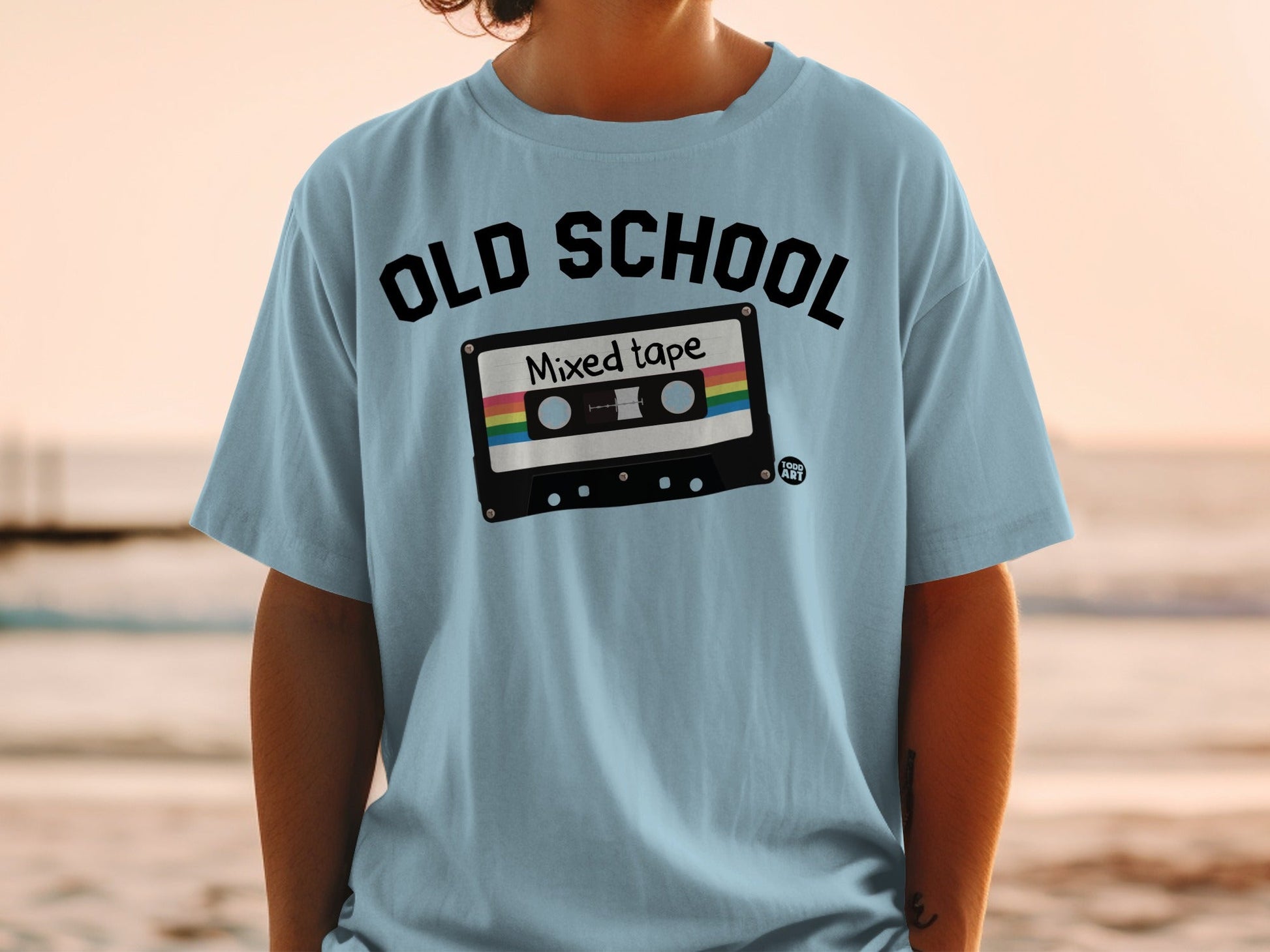 Light blue t-shirt with "Old School Mixed tape" graphic featuring a cassette tape.