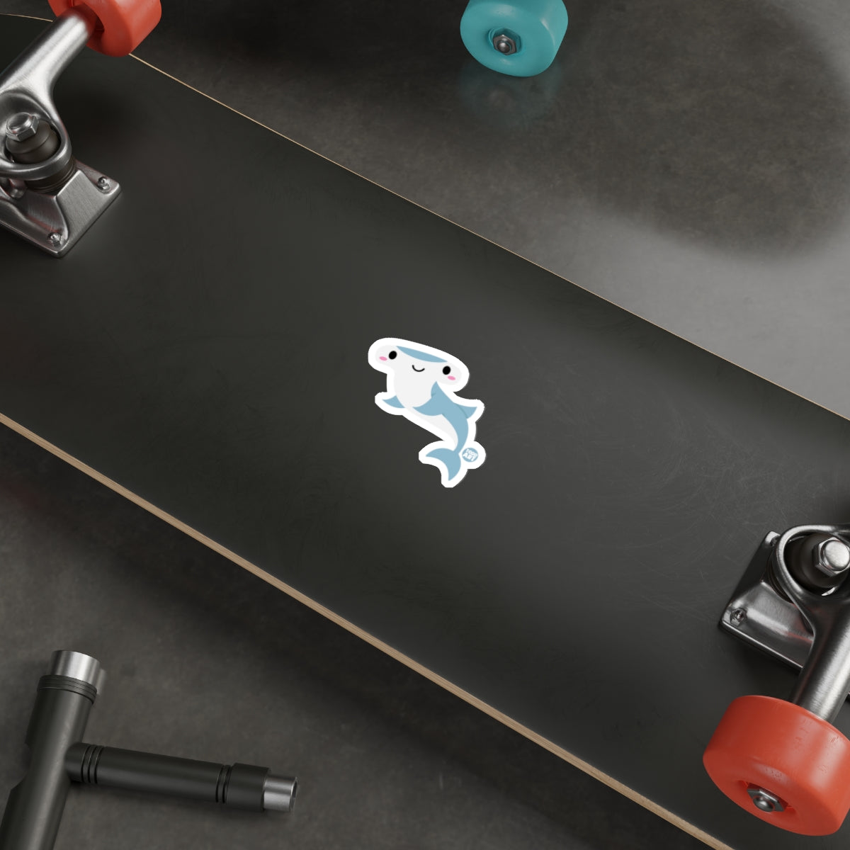 Cute Cartoon Shark Sticker on Skateboard Deck