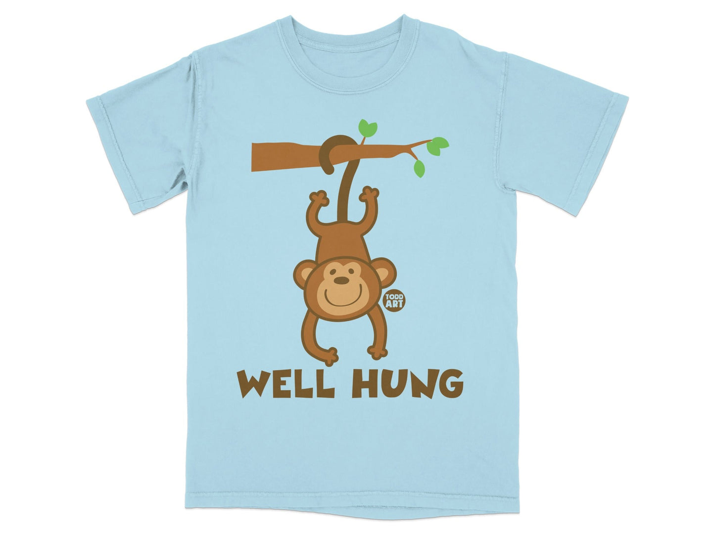 Light blue t-shirt with a cartoon monkey hanging from a branch, text reads "WELL HUNG".