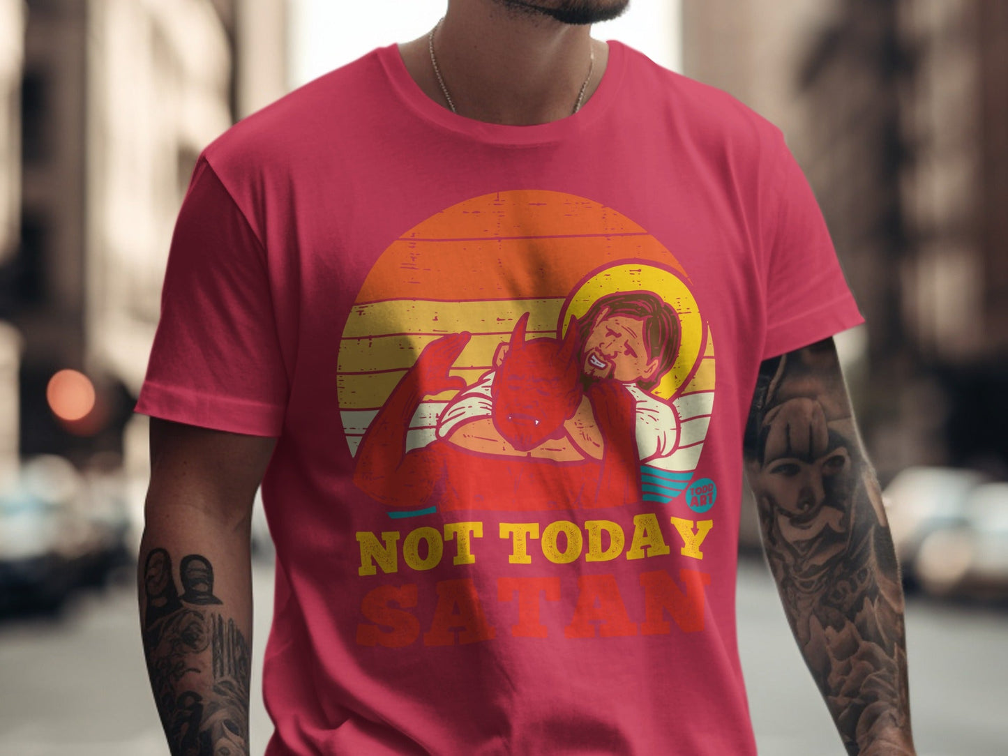 Pink t-shirt with "Not Today Satan" graphic featuring Jesus.