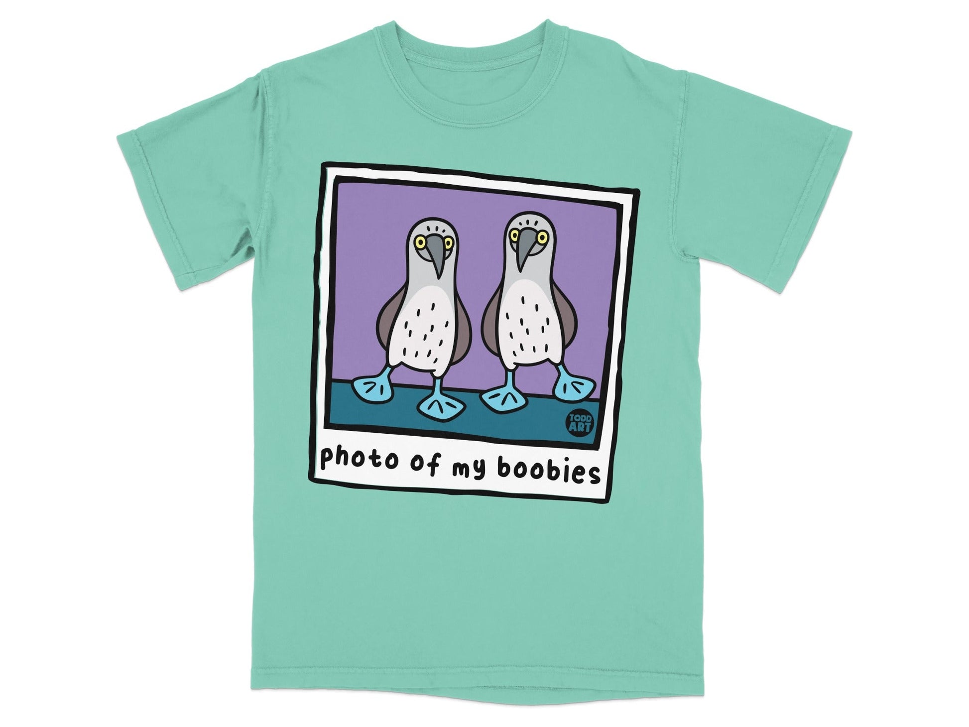 Two cartoon boobies stand on a purple background, text reads "photo of my boobies."