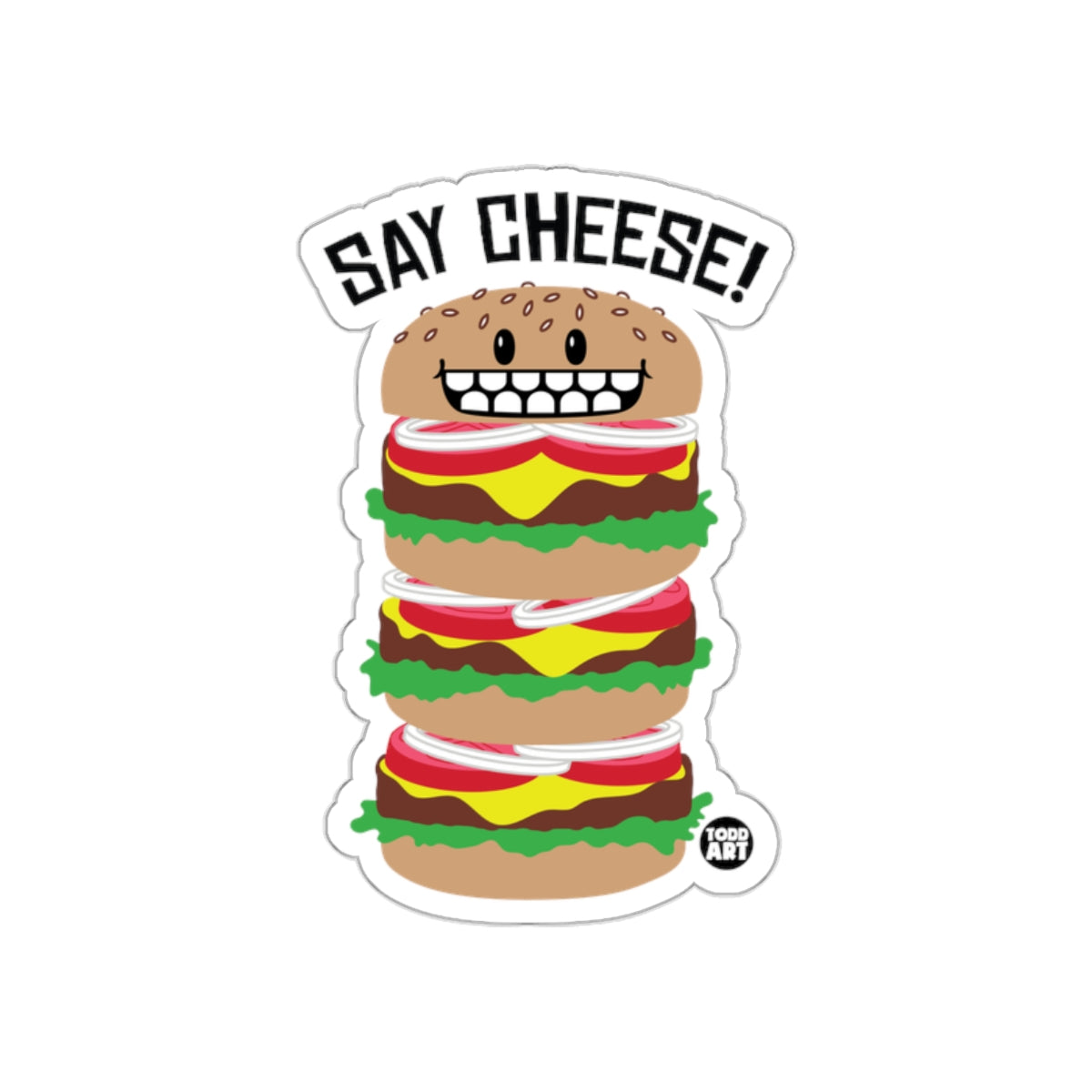 Funny Triple Cheeseburger Sticker with Say Cheese Text