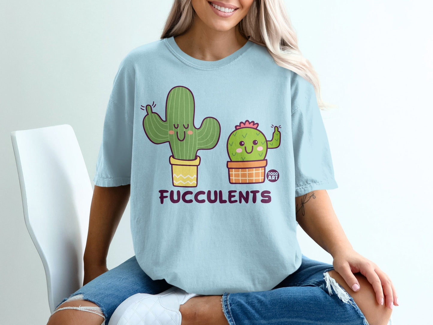 Cute Cactus Graphic Text FUCCULENTS Short Sleeve Shirt