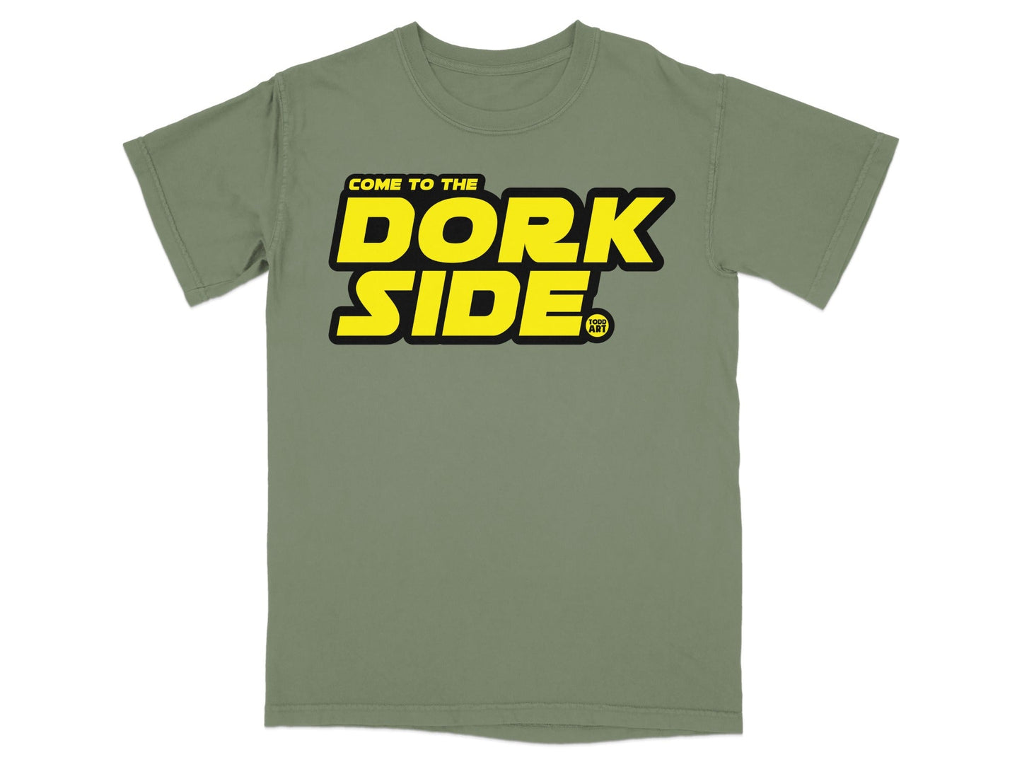 Olive t-shirt with "COME TO THE DORK SIDE" in yellow and black text.