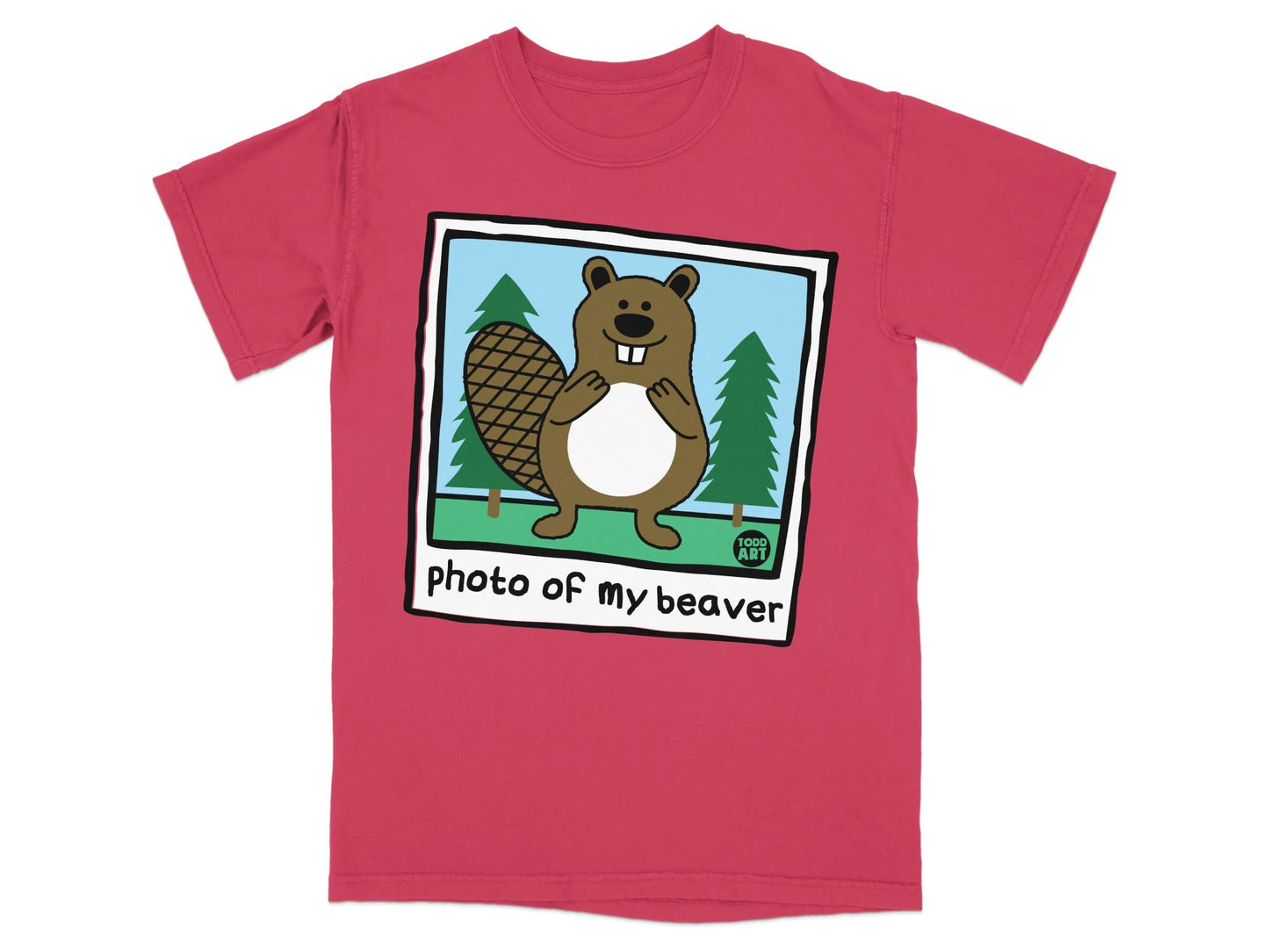 Cartoon beaver with "photo of my beaver" text and trees.