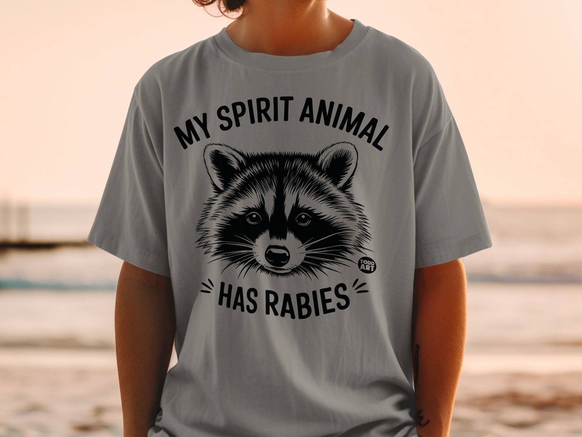 Gray t-shirt with black raccoon graphic and "MY SPIRIT ANIMAL HAS RABIES" text.