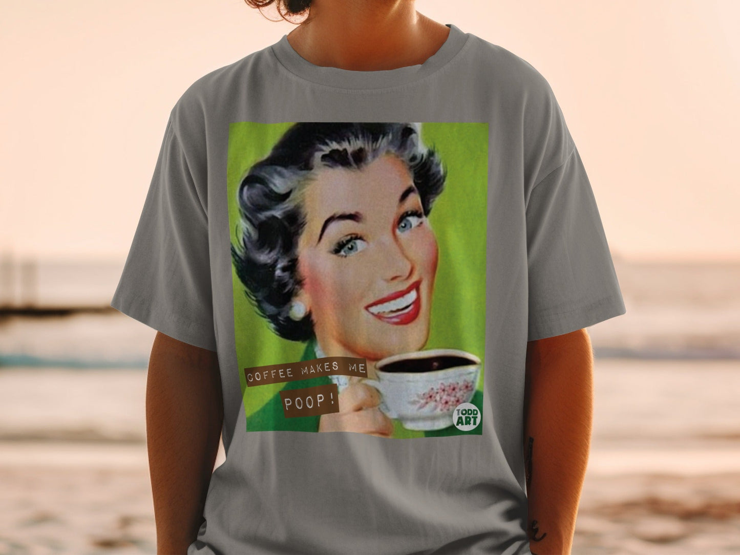 Retro woman smiling with coffee cup and text "Coffee Makes Me Poop!".