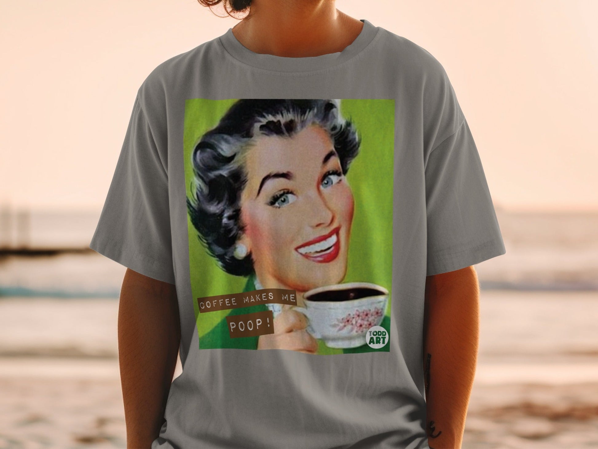 Retro woman smiling with coffee cup and text "Coffee Makes Me Poop!".