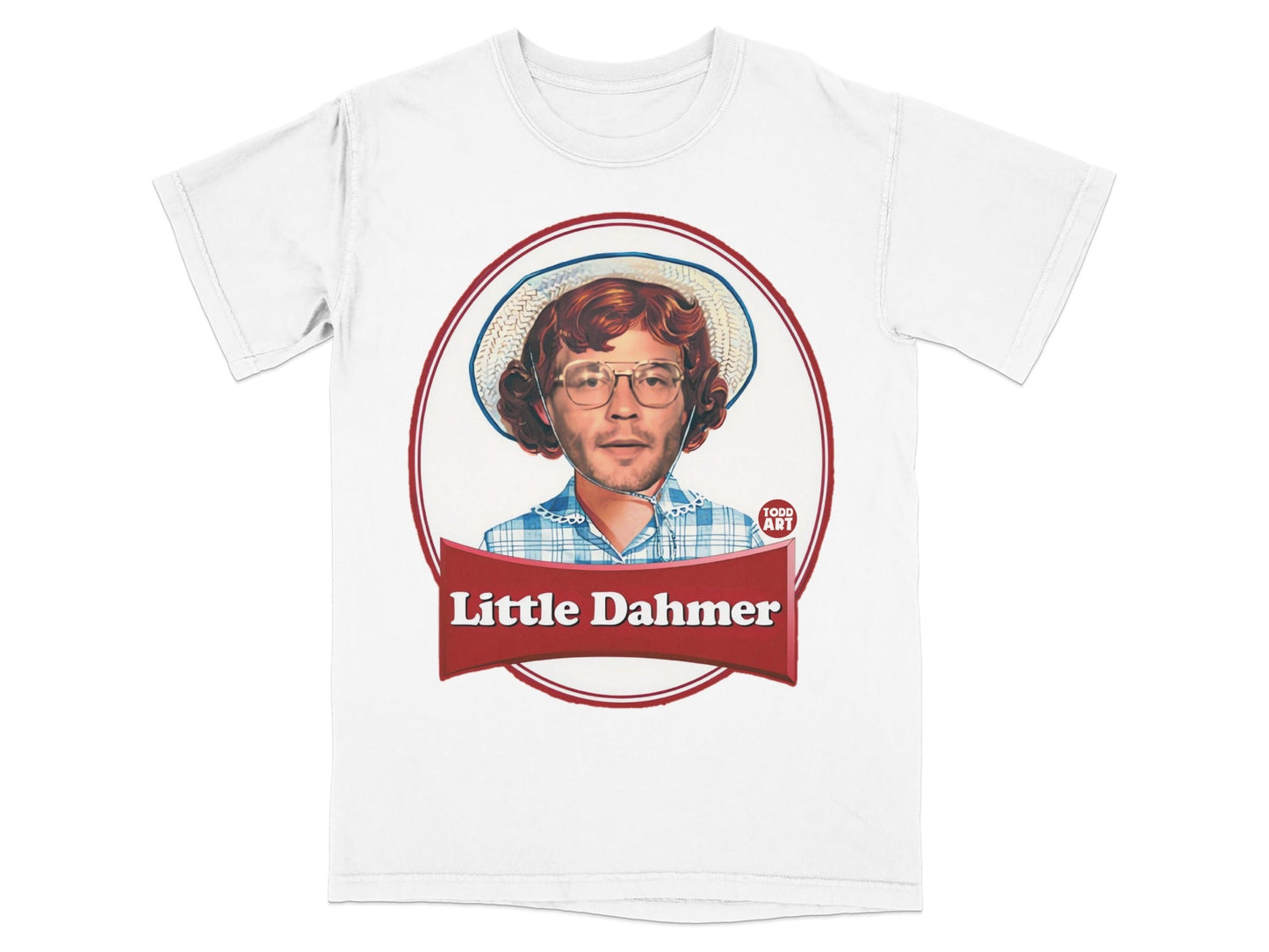 White t-shirt with Todd Art logo and "Little Dahmer" graphic.