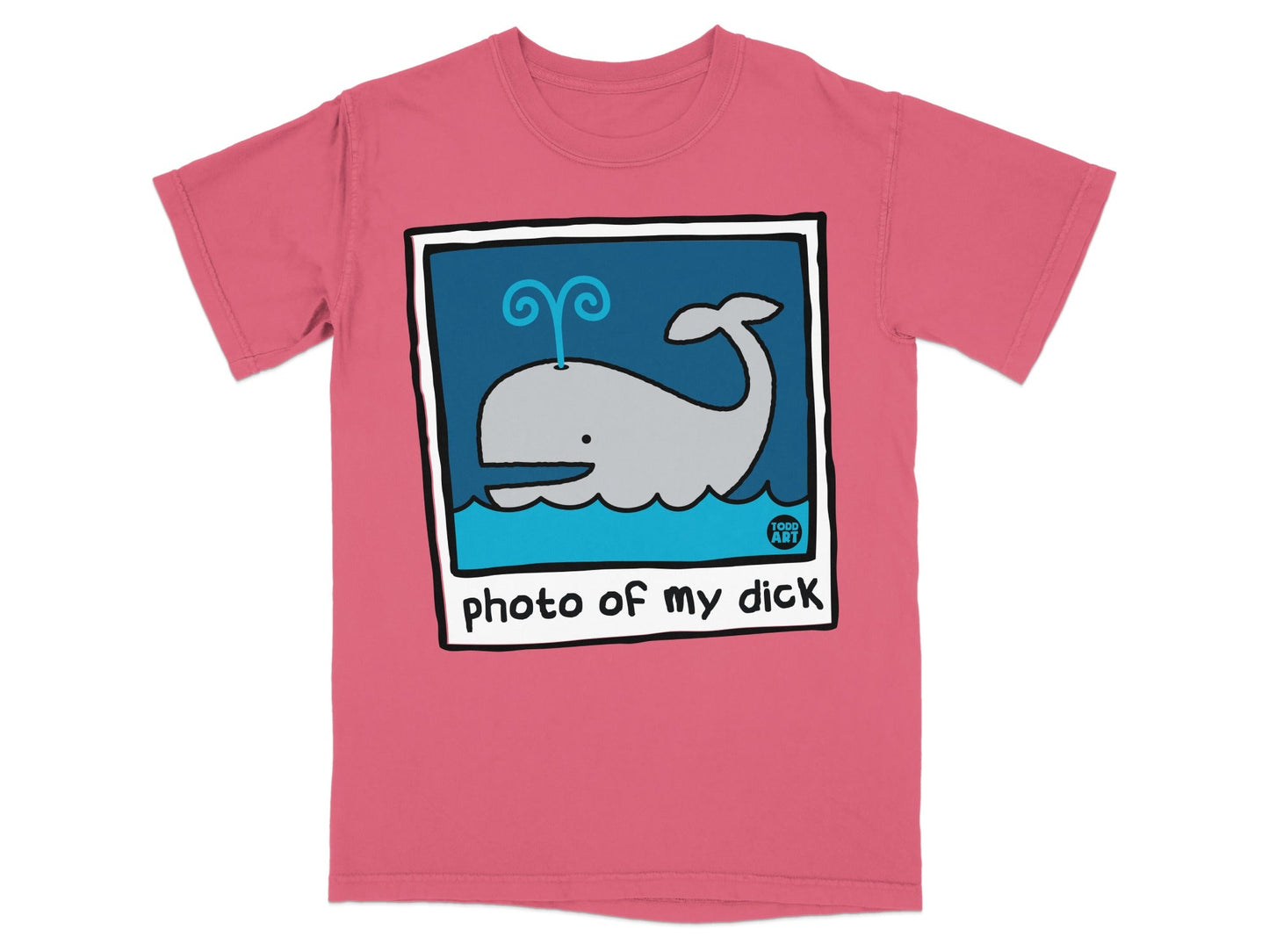 Coral t-shirt with cartoon whale illustration and "photo of my dick" text.