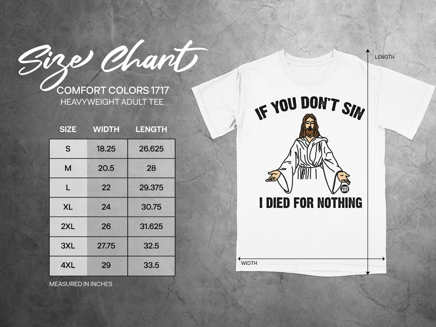 Size chart for Comfort Colors 1717 heavyweight adult tee with graphic.