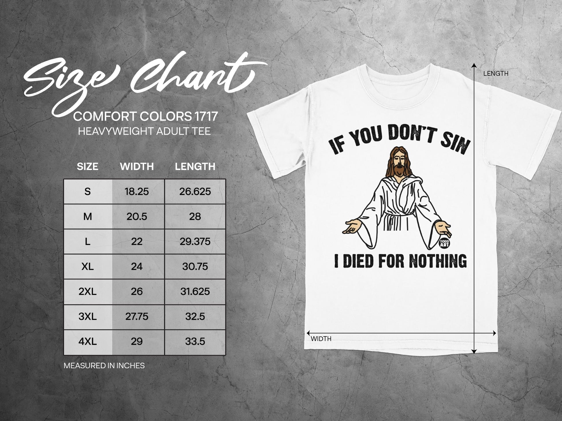 Size chart for Comfort Colors 1717 heavyweight adult tee with graphic.