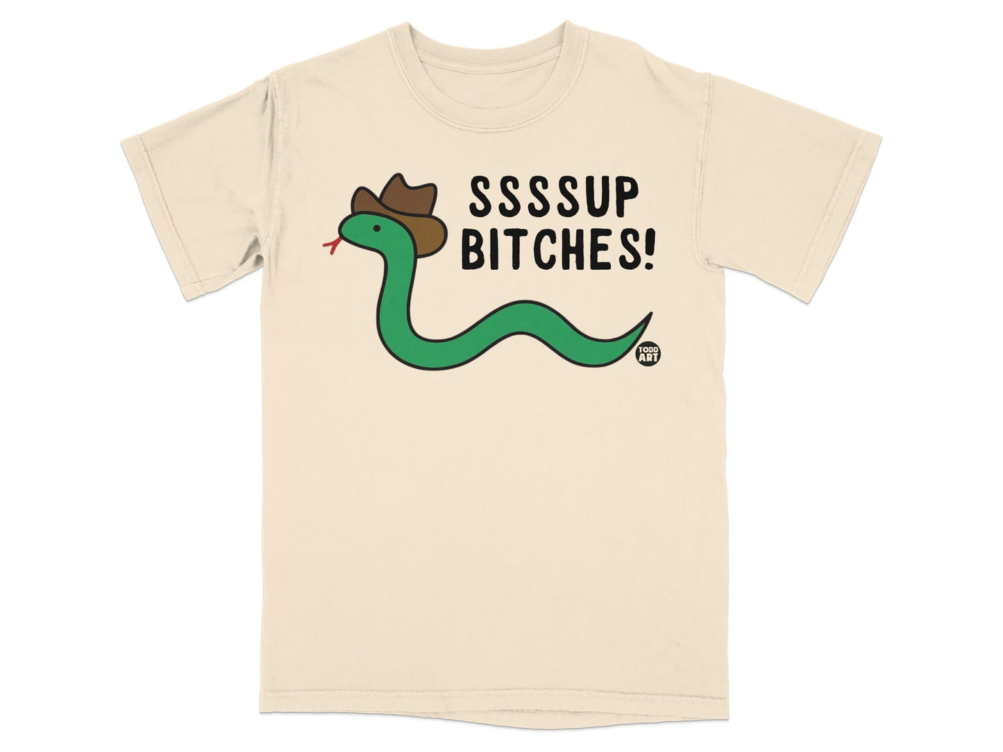 Cream t-shirt with a cartoon snake wearing a cowboy hat and text "SSSPPP BITCHES!".