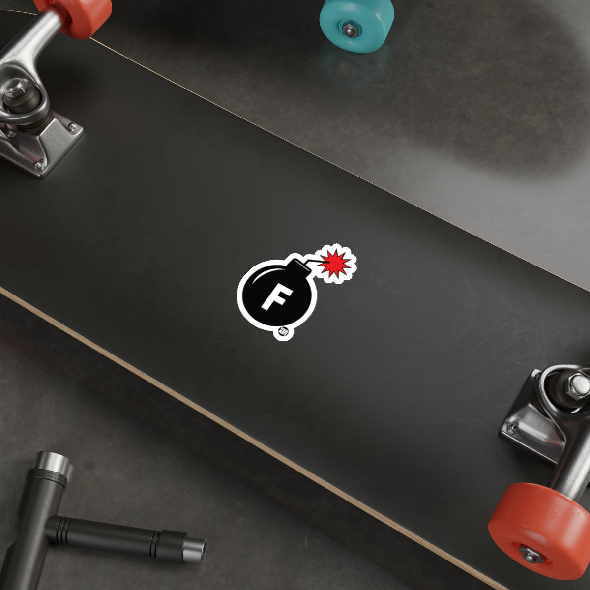 Stylish Black Skateboard with Bomb Logo Design