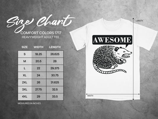 Size chart for Comfort Colors 1717 heavyweight adult tee with opossum graphic.