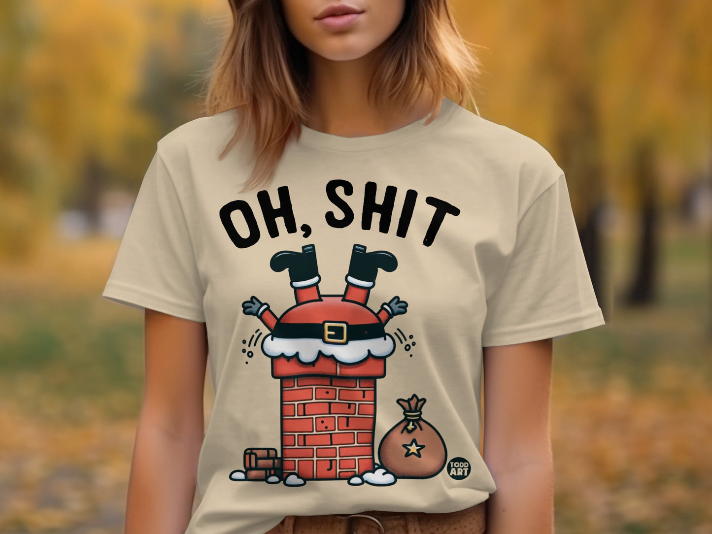 Santa Stuck in Chimney Oh Shit Funny Graphic Shirt
