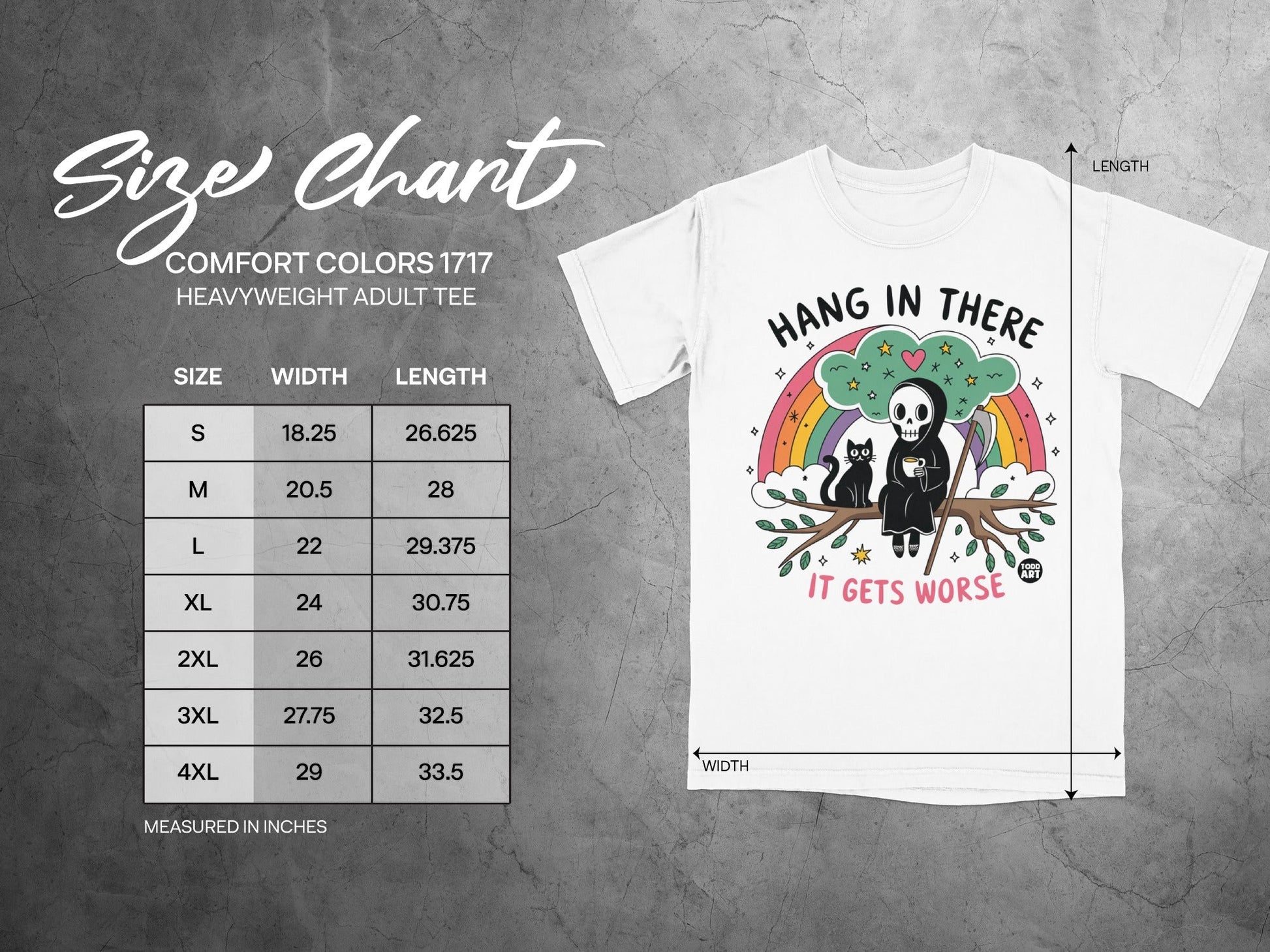 Size chart for Comfort Colors 1717 heavyweight adult tee.