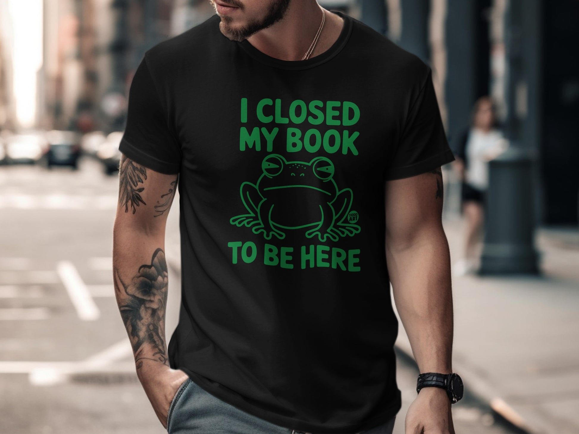 I Closed My Book to Be Here Frog Design T-Shirt
