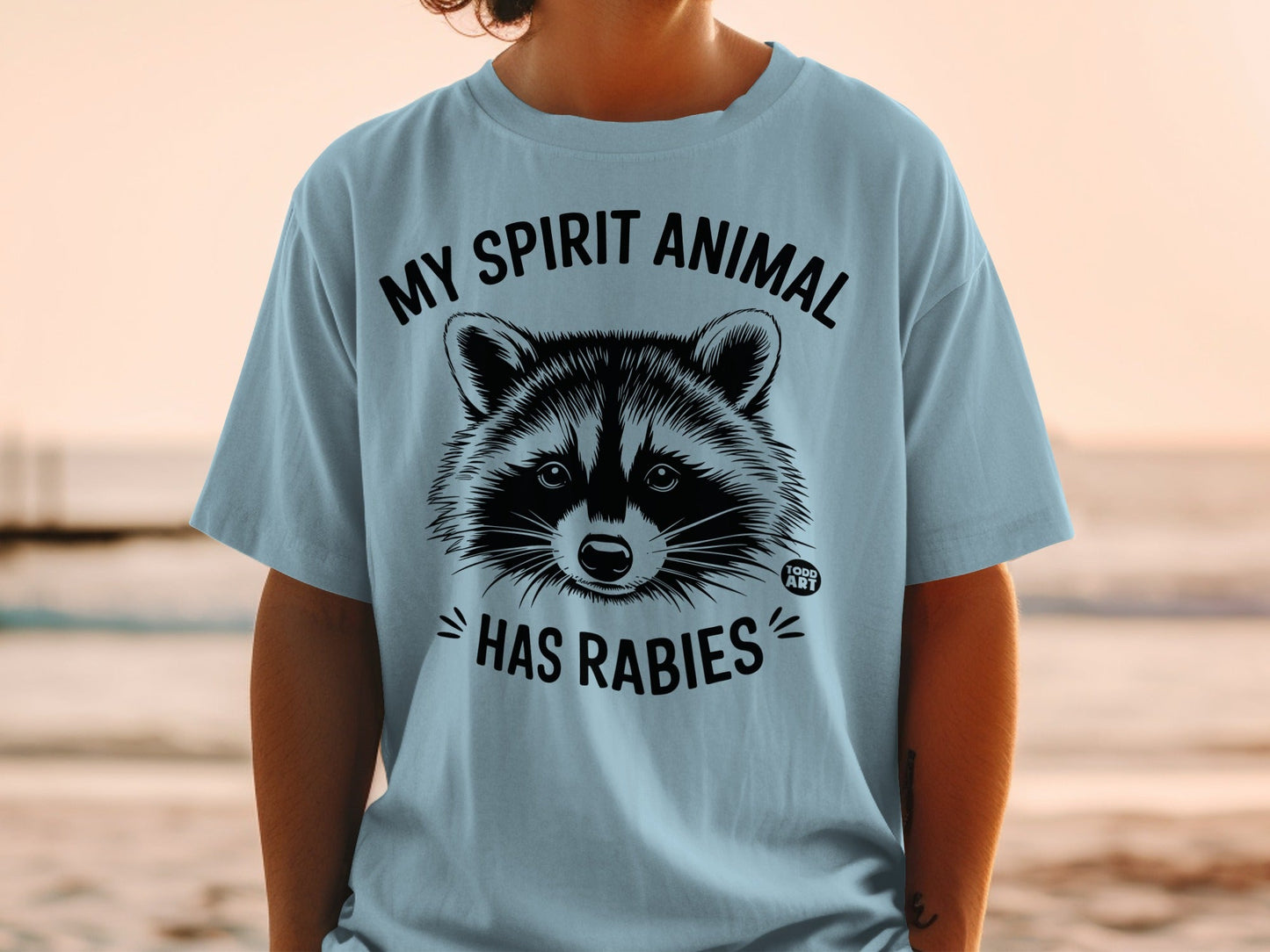 Light blue t-shirt with a black raccoon graphic and "MY SPIRIT ANIMAL HAS RABIES" text.