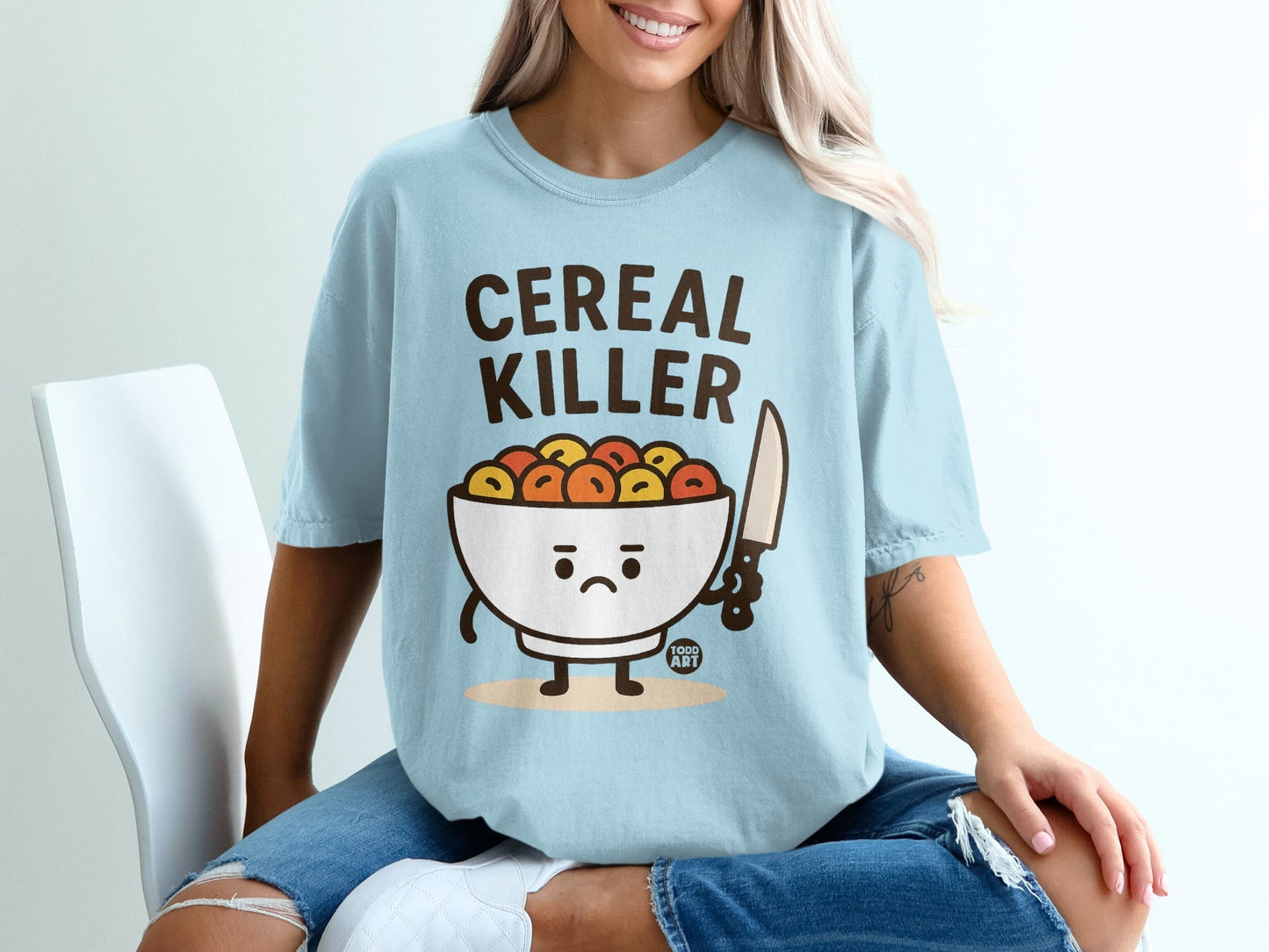 Cereal Killer Funny Graphic Tee with Cartoon Bowl Design