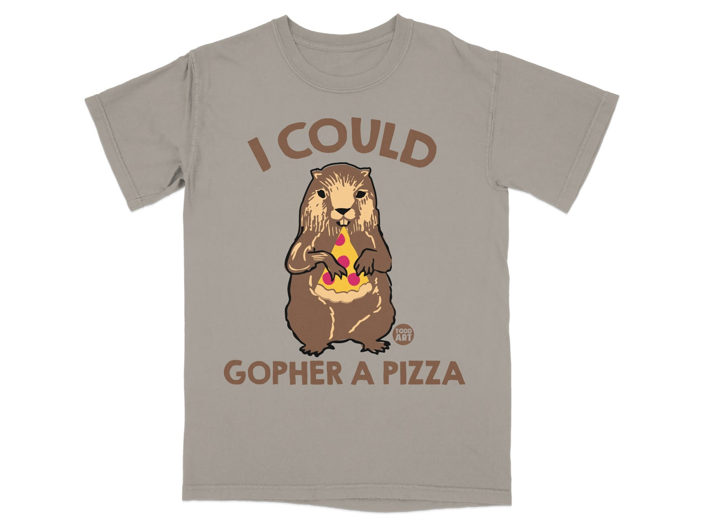 Gopher eating pizza, text reads "I COULD GOPHER A PIZZA"