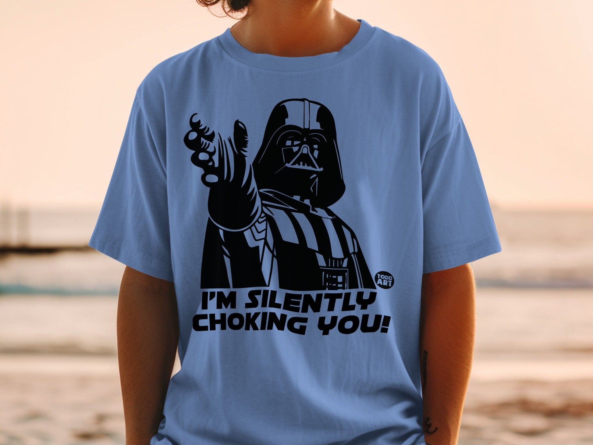 Darth Vader t-shirt with text "I'm silently choking you!"